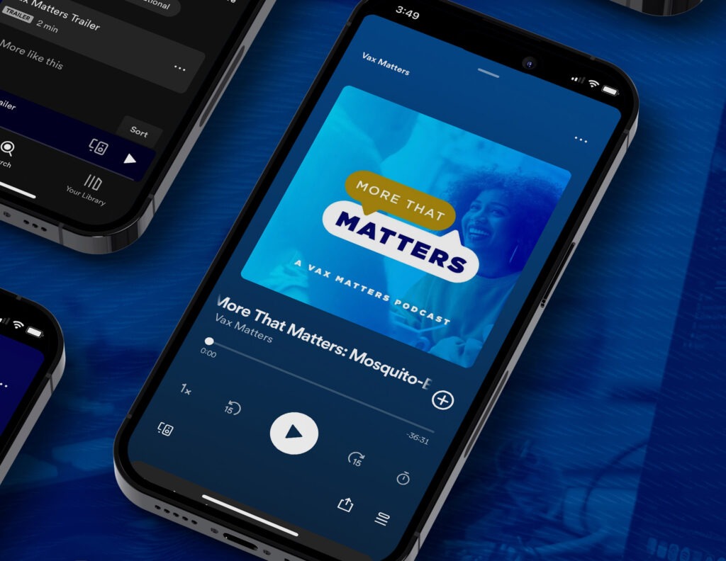 Phone with display of More That Matters podcast on podcast streaming service