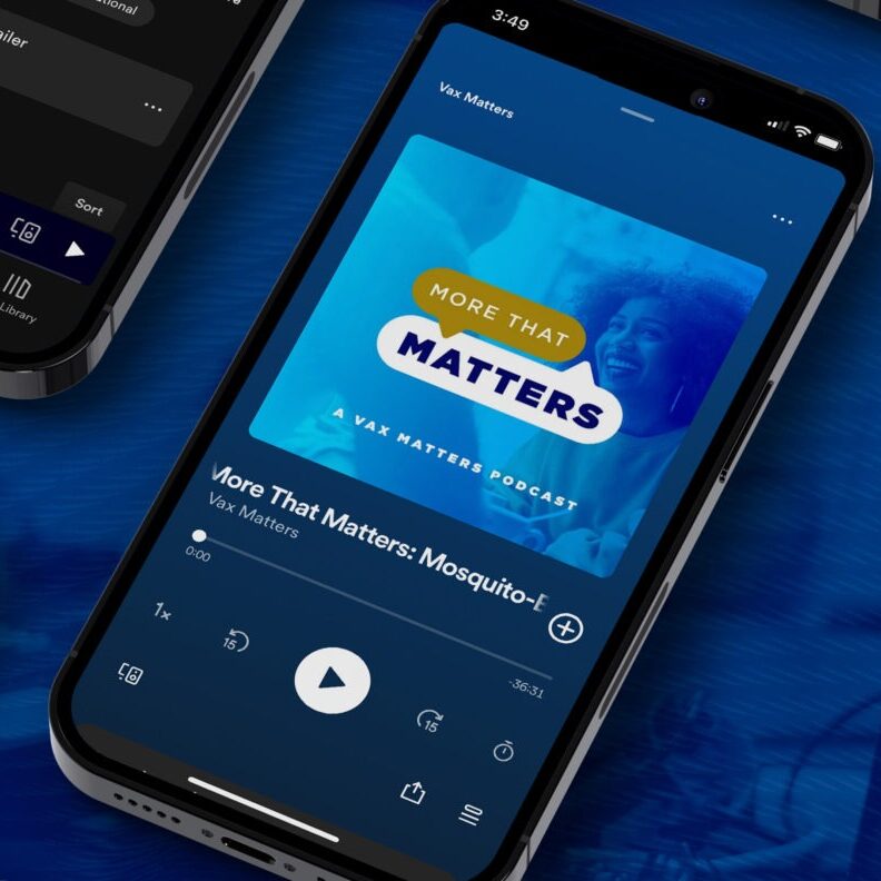 Phone with display of More That Matters podcast on podcast streaming service